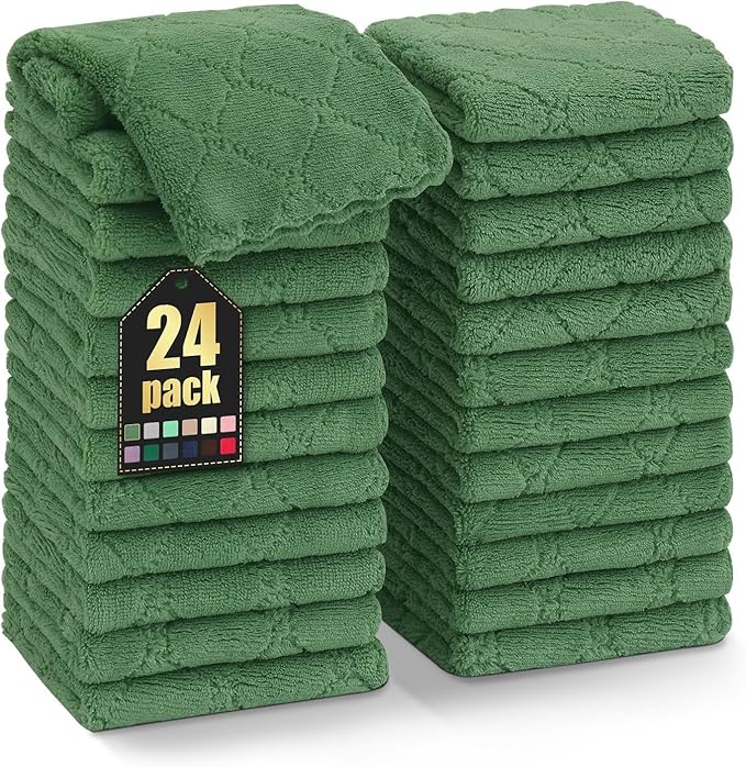 Homaxy 24 Pack Kitchen Dish Cloths (10 x 10 Inches, Grass Green), Super Soft and Absorbent Coral Velvet Dish Towels, Nonstick Oil Fast Drying Microfiber Cleaning Cloth, No Lint Household Dishcloths
