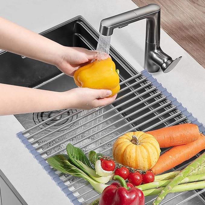 NEZUIBAN Drying Rack with Roll Up and Over Sink for Kitchen,17.5"x15.7",Gray