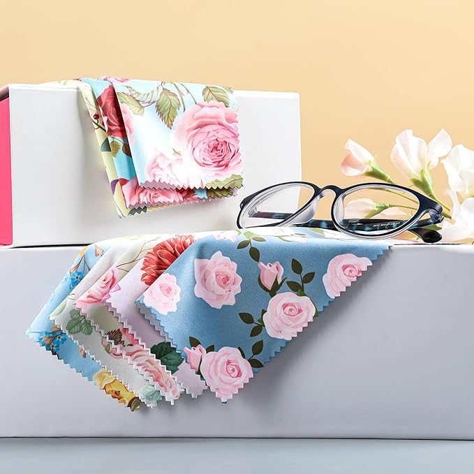 8 Pack Microfiber Cleaning Cloths (7" x 6") Multicolor Flower Glasses Cleaning Cloth for Eyeglasses, Camera Lens, Cell Phones, Laptops, LCD TV Screens and More