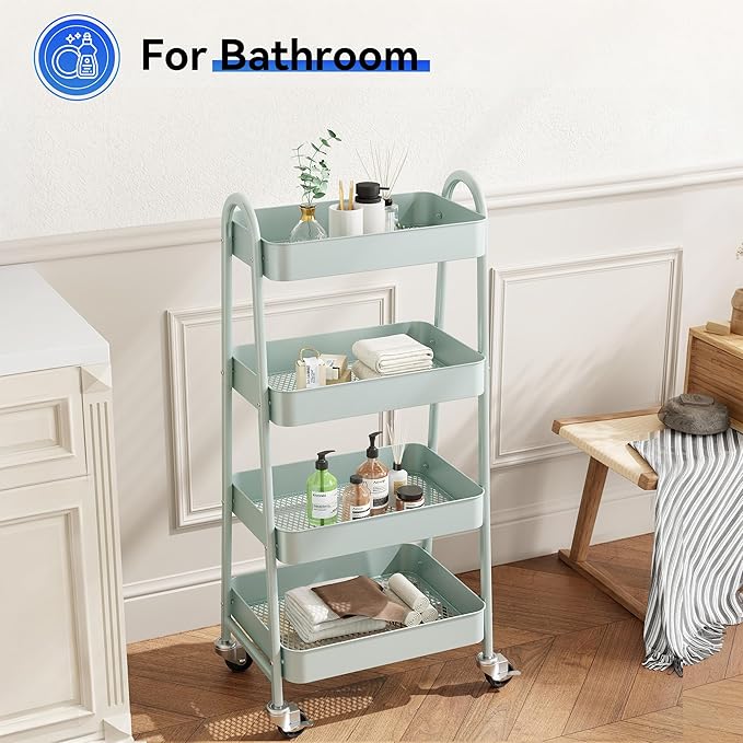 OLIXIS 4 Tier Utility Rolling Cart, Metal Mobile Storage Shelf with Lockable Caster Wheels, Organization for Livingroom, Bathroom, Kitchen, & Narrow Places, 4-Tier Green