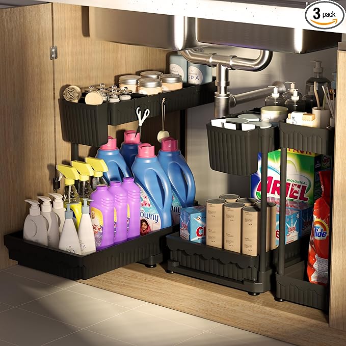 3 Pack Multi-Purpose Under Sink Organizers and Storage, 2026 L-Shaped Pull Out Cabinet Organizer for Bathroom & Kitchen, Under Cabinet Organizer with Hooks Hanging cup, Black, 14.85 inch