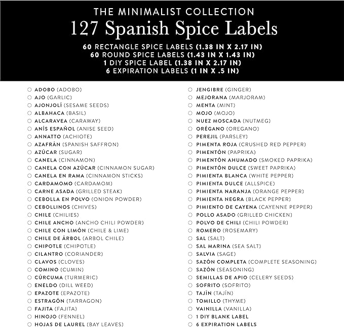 127 Spanish Spice Labels Stickers Preprinted Waterproof, Spice Jar Labels Written in Spanish, Round & Rectangle Seasoning Label for Jars, Pantry Organization, Etiquetas de Especias en Español