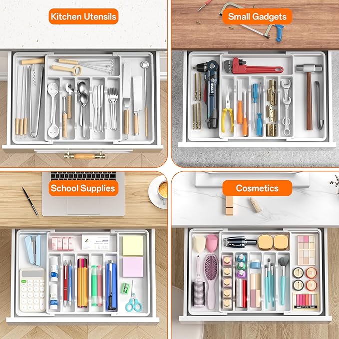 Large Silverware Organizer,Expandable Utensil Drawer Organizer,BPA Free Utensil Holder,Adjustable Silverware Tray Cutlery Drawer Organizer for Kitchen Flatware,Large,White,2 Pack