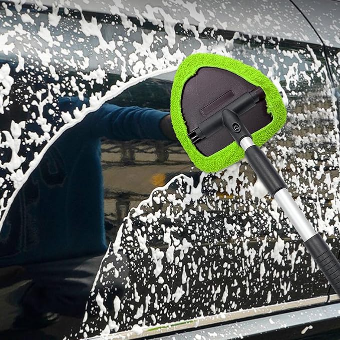 Ziciner Car Windshield Cleaner, Microfiber Auto Cleaning Wiper with Aluminum Extendable Handle and 2 Washable Reusable Cloth Pad Head, Universal Vehicle Interior Exterior Cleaner Kit (Green-Triangle)