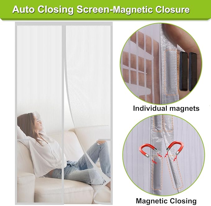 Magnetic Screen Door Heavy Duty, Front Door Screen Magnetic Closure Thicken Tear-Resistant Mesh Keep Bugs Out, White - Net Curtain Itself Size 36" x 77"