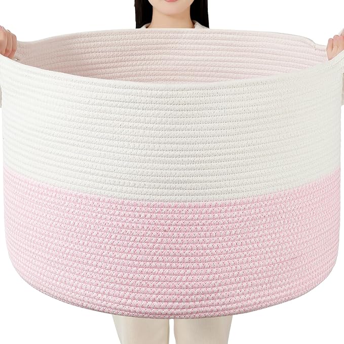 Foldable Laundry Hamper Basket with Collapsible Handle Cotton Rope Soft Woven Fabric Storage Organizer Clothes Toys Nursery Bedroom Dorm Space Saving Bin (White & Pink, 115L(23.6"D x 15.7"H))