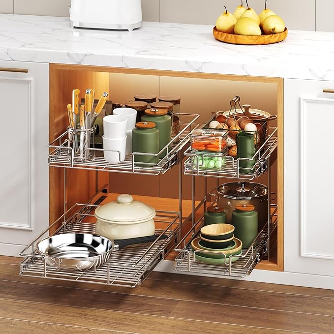 MODCART 2 Tier Individual Pull Out Cabinet Organizer 22½" W x 21½" D, Heavy Duty Cabinet Pull Out Shelves, Slide Out Drawers Organization for Kitchen Cabinets Bathroom