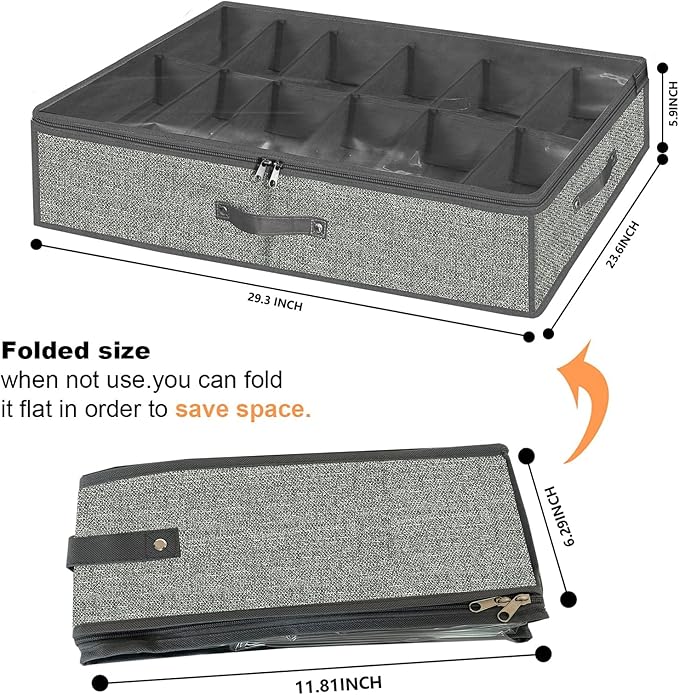 homyfort Under Bed Shoe Storage Organizer for Closet Fits 24 Pairs-Sturdy Underbed Shoe Containers Boxes Organizador De Zapatos with Clear Cover,Set of 2, 29.3 x 23.6 x 5.9inch (Linen-like Grey)