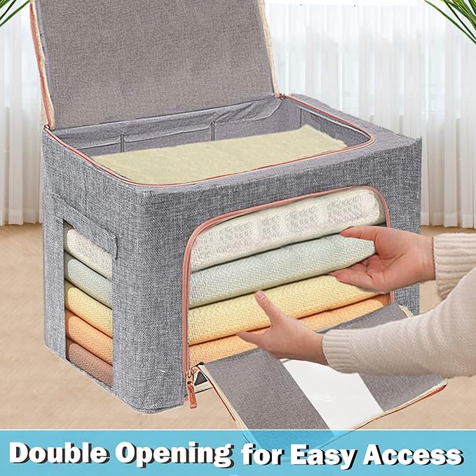 SWEERI Large Capacity Clothes Storage Bags,Stackable Storage Organizer with Foldable Metal Frame, 2-Way Zipper, Handles, Clear Window for Clothes, Bedding, Seasonal Storage (3Pack, 66L)