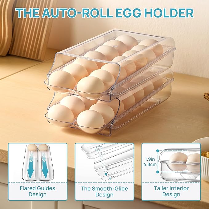 Vtopmart Clear Plastic Egg Holder for Fridge, Automatic Rolling Egg Container for Refrigerator, Stackable 14-Count Eggs Organizer with Removable Inner Tray, Fridge Organizers and Storage, 1Pack
