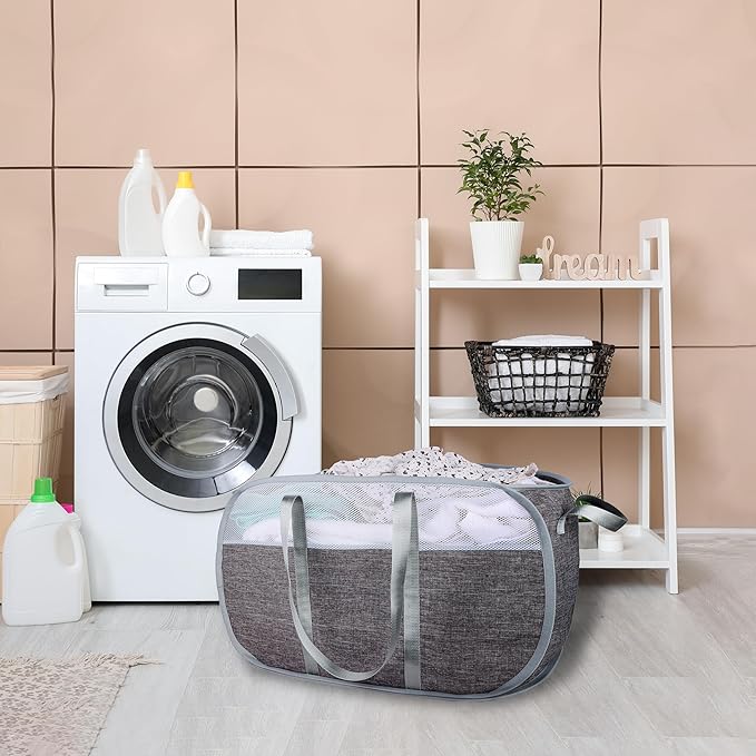 pop-up laundry basket，with Durable Handles collapsible Mesh laundry Hamper,Easy to Open and Fold,Premium Cationic Fabric… (Cationic Gray)……