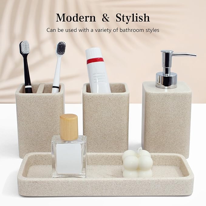 Bathroom Accessories Set, 4 Pcs Bathroom Accessory Set, Soap Dispenser, Toothbrush Holder, Qtip Holder Set, Bathroom Sets Complete, Bathroom Sink Set for Modern Home, Beige