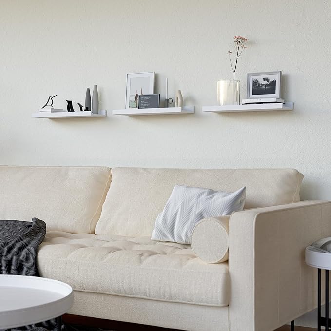 RICHER HOUSE 3 Set White Floating Shelves, 16 inches Wall Mounted White Shelves for Wall Decor, Picture Ledge Shelf with Lip for Storage Nursery, Bedroom, Living Room, Bathroom - White