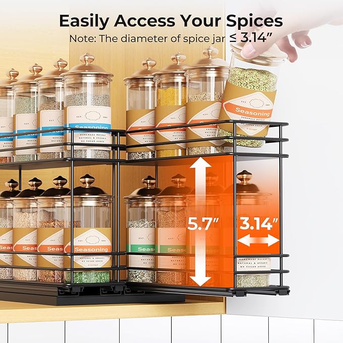 Pull Out Spice Rack Organizer for Cabinet, Slide Out Spice Racks, Easy to Install, 7.08" Wx10.43 Dx8.26 H, 2 Drawers 2 Tiers(Black)