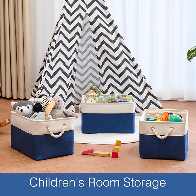 DUHEL Storage Bins 3 Pack, Fabric Storage Basket for Collapsible Medium Canvas Storage Baskets for Organizing Shelf Nursery Home Closet . (White&Blue-3PCS)
