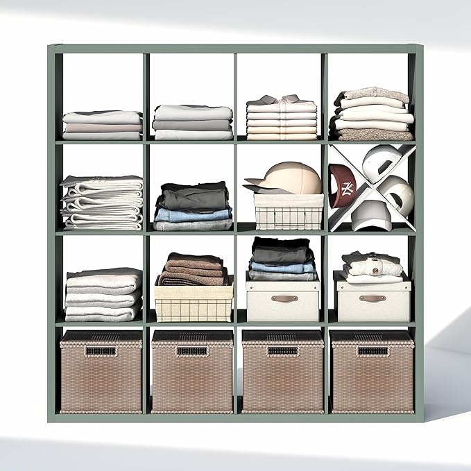 Furinno Cubic Closet Organizers and Storage, 16-Cube Closet Organizer, Open Shelf Closet Storage, Extra Thick Frame for Wardrobe, Bedroom, Living Room, Sage Green