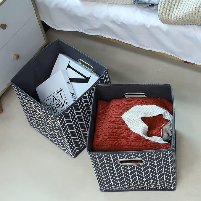 11 Inch Cube Storage Bins , Fabric Cube Organizer Bins with Handle, Foldable Cube Bins for Cloth or Accessary Storage, 11x11x11 set of 6,（Gray Wave）