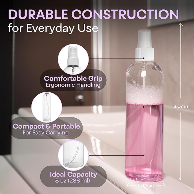 BRIGHTFROM Fine Mist Spray Bottles 8 OZ, Empty Refillable Containers - Essential Oils, Disinfectant Spray, Water 2 PACK (Clear, White Mist)