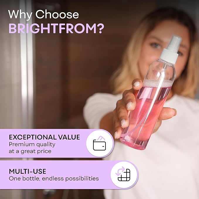 BRIGHTFROM Fine Mist Spray Bottles 8 OZ, Empty Refillable Containers - Essential Oils, Disinfectant Spray, Water 2 PACK (Clear, White Mist)