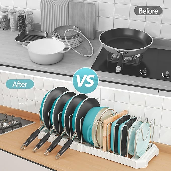 Pots and Pans Organizer for under Cabinet, Pan Pot Organizers inside Cabinet, Expandable Organizer with 12 Adjustable Dividers for Cookie Sheets, Cutting Boards, Pot Lids, Cookware - Frying Pan Rack