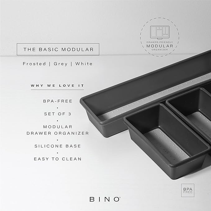 BINO | 3-Piece Drawer Organizer Bin Set, Small - Grey | THE MODULAR | Multi-Purpose Storage | Soft-Grip Lining and Non-Slip Rubber Feet | Durable | BPA-Free | Desk Drawer Organizer | Vanity Organizer