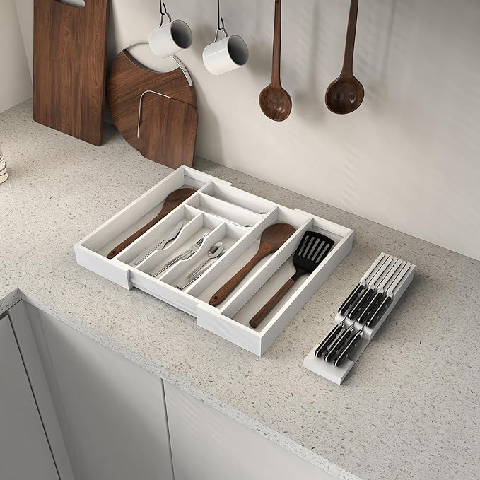 Bamboo Kitchen Drawer Organizer, Expandable Silverware Organizer with Removable Knife Block, 6-8 Slots- Utensil Holder & Cutlery Tray Drawer Dividers, 2.36" Deep for Extra Capacity, White