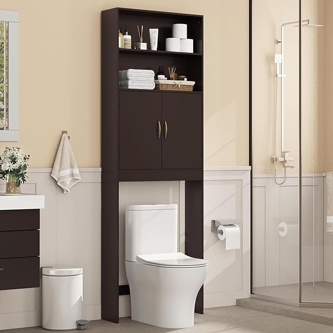 Yaheetech Over The Toilet Storage, Taller Bathroom Organizer Space-Saving Storage Cabinet with Adjustable Shelves and Double Doors, 77 in H, Espresso