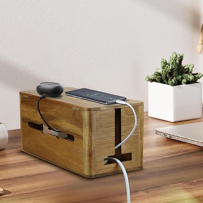 Large Acacia Wood Style Cable Management Box, Cord Organizer Power Strip Box with Magnetic Outlet Covers, Cord Hider for Desk and Floor Cable Storage, Ventilated Design