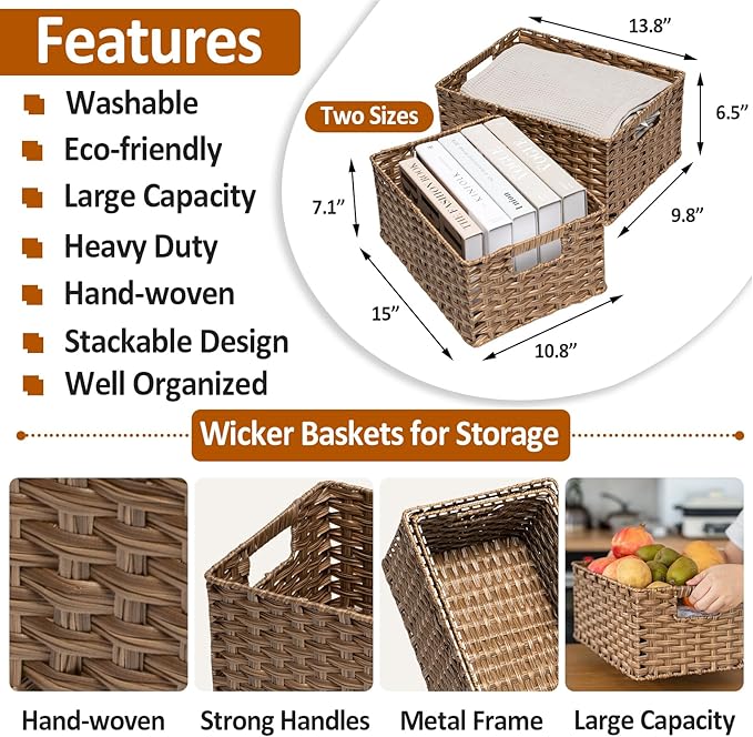 Wicker Baskets 2 Pack, Wicker Storage Basket with Handles, Waterproof Woven Baskets for Organizing, Large Storage Basket 15" and Medium 14", Brown