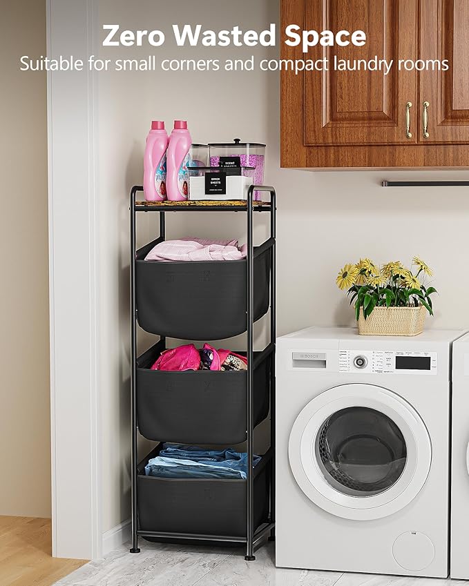 Moforoco Vertical Laundry Sorter 3 Section with Shelf, Laundry Hamper with Removable Bag, 120 L Laundry Baskets organizer for Bathroom, Apartment, Dorm Room, Black