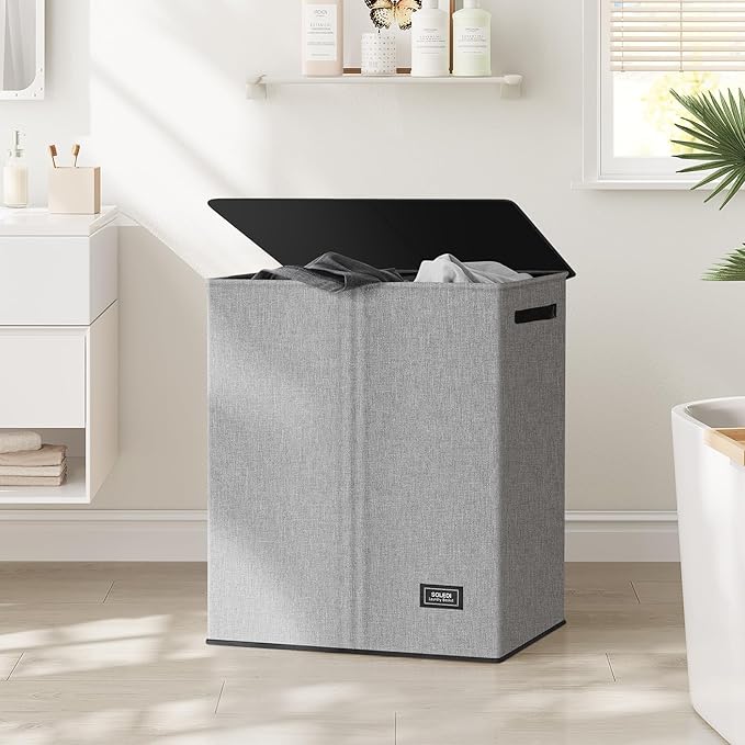 SOLEDI Double Laundry Hamper with Lid and Removable bag, Large Laundry Basket 2 Section with handles, Collapsible Dirty Clothes Hampers for Laundry, Bedroom, Dorm, College