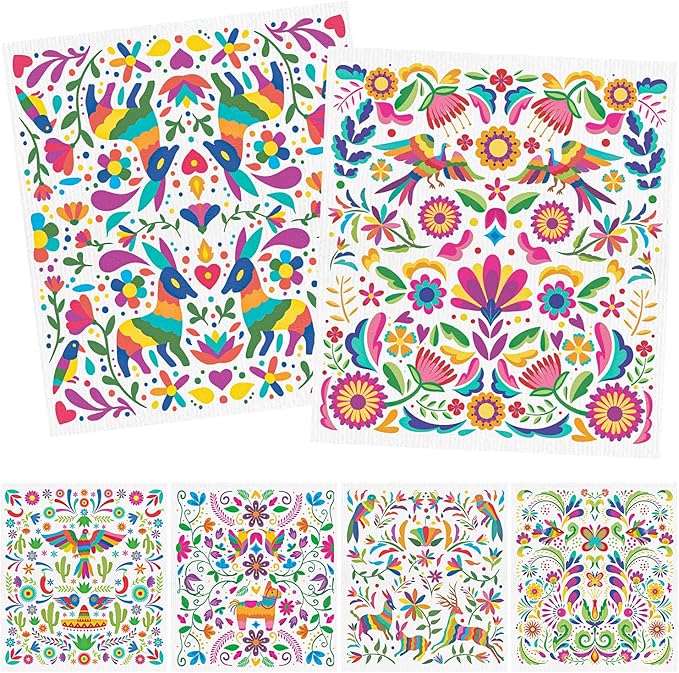 Reusable Swedish Dishcloths for Kitchen, 6PCS Mexican Talavera Otomi Cellulose Sponge Paper Towels Washable, Fast Drying Absorbent Swedish Dish Cloth for Home Cooking