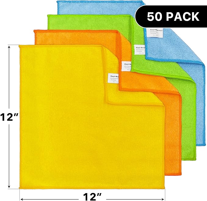Simple Houseware Microfiber Cleaning Cloth 50 Pack, 12" x 12", 4 Colors