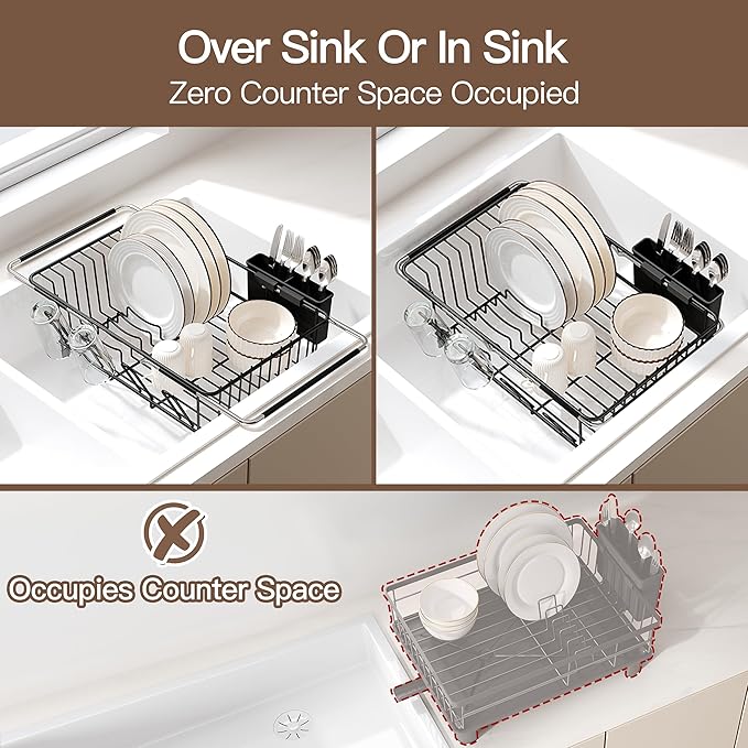 Over the Sink Expandable Dish Drainer Drying Rack In Stainless Steel for Small Kitchen, Counter Space Saving Modern Compact Metal Above Plate Dryer Strainer, Adjustable Hanging Inside Drain Holder