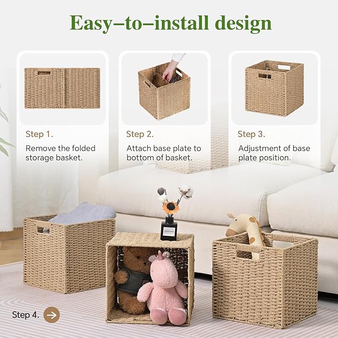 Woven Wicker Storage Baskets 2-Pack, 11x11 Handwoven Paper Rope Organizer Bins, Foldable Cube Storage Cubes with Built-in Handles for Shelves and Closet Organization(Natural Beige)