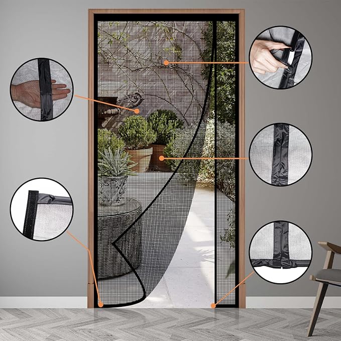 Reversible Left or Right Side Opening Magnetic Screen Door, Narrow Durable Fiberglass Mesh Curtain Hands Free for Patio, Bedroom, Fits Door Size 36" x 82", Black