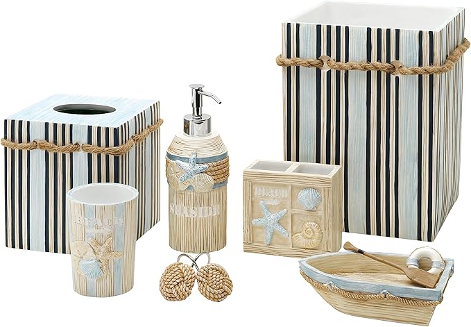 Zenna Home Seaside Serenity Bathroom Toothbrush Holder with Carved Resin Design, Holds Up to 4 Brushes, Electric Toothbrush Holder for Bathroom Decor with Hand-Painted Shells, Teal/Ivory