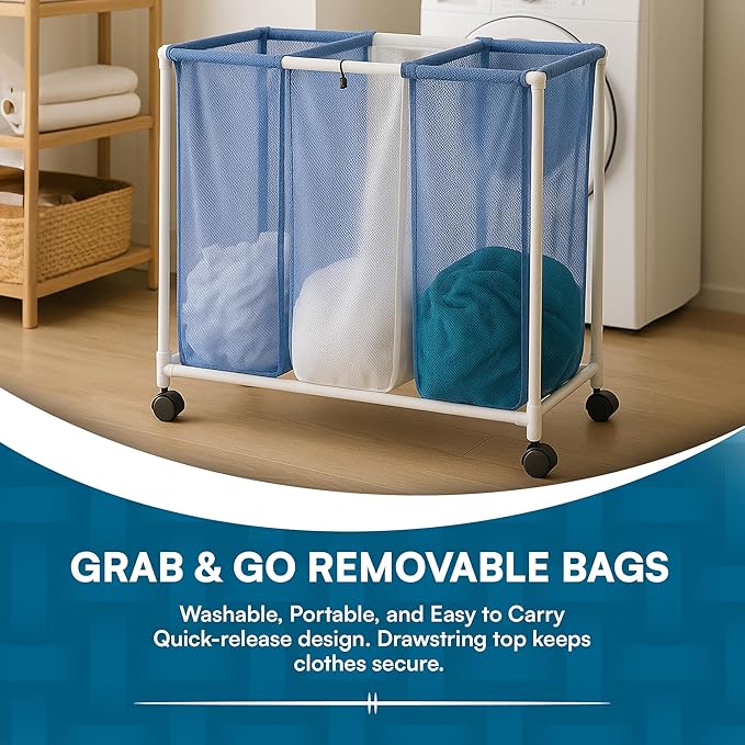 Honey-Can-Do HMP-01629 3 bag mesh laundry sorter, 30.5" x 15.3" x 30" , Blue/White