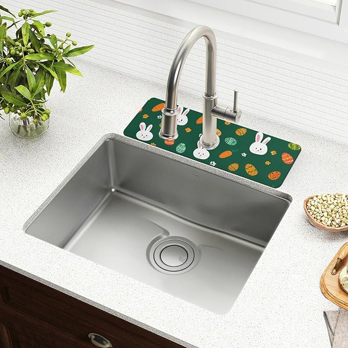 Kitchen Sink Splash Guard 2 PCS 14.7 Inch Sink Faucet Mat Splash Guard for Bathroom Countertop Water Absorbent Foldable Cuttable Soft Washable Deep Green Easter Rabbit Eggs Carrots