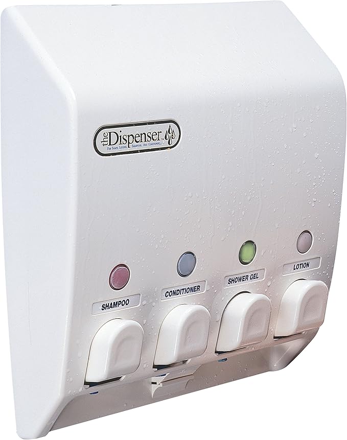 Better Living Classic Shower Dispenser 4 Chamber, Wall Mount Shower Shampoo and Soap Dispenser for Bathroom Hotel Body Wash, No Drill Adhesive, 4 x 14.5 oz, 9.5" x 3" x 10.75", White