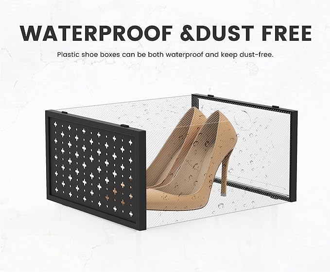 Pinkpum XXL Shoe Storage Box Fit for Size 14, Clear Plastic Stackable Shoe Organizer for Closet 12 Pack, Shoe Containers Sneaker Storage Black