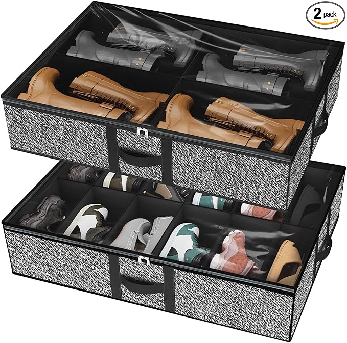 homyfort Under the Bed Shoe Organizer Fits 12 Pairs and 4 Pairs Boots,Sturdy & Breathable Materials,Underbed Storage Solution for Kids Men & Women Shoes,Great Space Saver for Your Closet Set of 2
