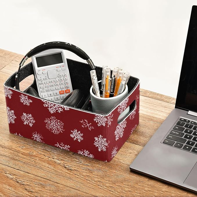 Red Winter Snowflakes Closet Storage Bins 2 Pcs Felt Open Home Storage Containers Organizer with Handles Collapsible Shelf Basket for Home Office Craft Room Classroom Fabric