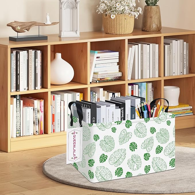 QUEENLALA Rectangular Laundry Hamper/Foldable Nursery Laundry Basket for Organizing/Storage Bin Baskets/Children Toy Office Bedroom/Toy Bin Closet Shelf Baskets (Rec-Green Leaf)