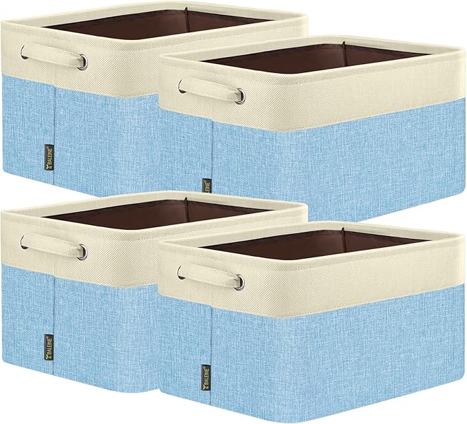 BALEINE 4 Pack Fabric Storage Bins for Shelves, Linen Storage Baskets for Organizing, Decorative Closet Bins for Clothes, Home (Skyblue, 15''x11''x9.5'')