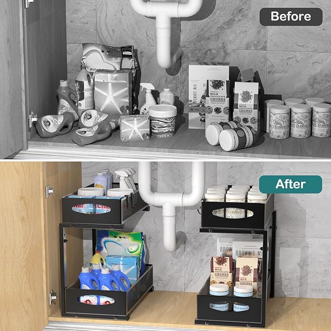 Housolution 1 Pack Under Sink Organizer, 2 Tier Metal Pull Out Under Sink Storage with Sliding Mesh Drawers, Height Adjustable Slide Out Under Sink Organizer for Kitchen Bathroom Cabinet, Black