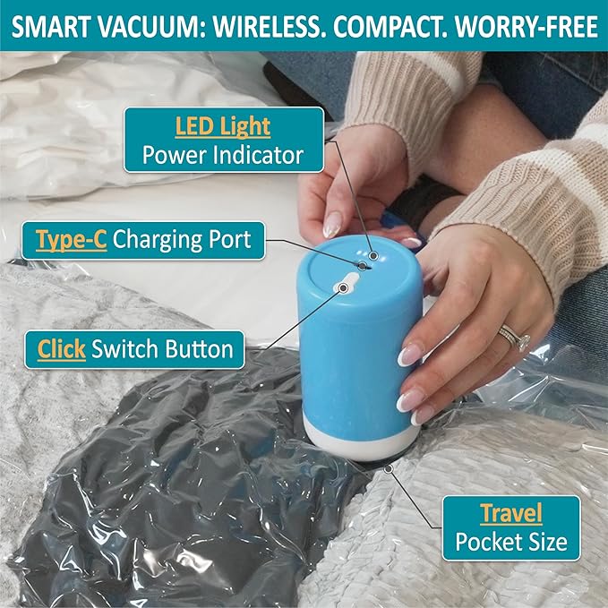 Cozy Essential 26 Pack Vacuum Storage Bags with Portable Rechargeable Wireless Electric Pump, Vacuum Seal Space Saver Bags for Clothing, Pillows, Blanket, Bedding, Comforters
