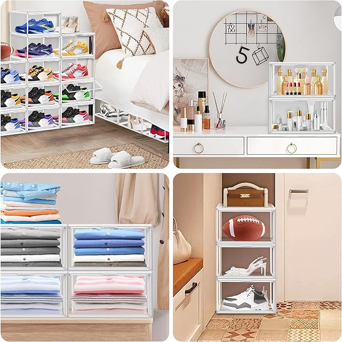 12 Pack Clear Shoe Organizer for Closet, Large Stackable Sneaker Boxes Shoe Display Box Handbag Organizer Plastic Storage Bins with Magnetic lids