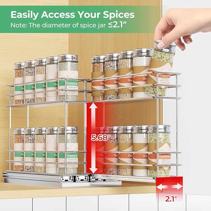 Pull Out Spice Rack Organizer for Cabinet, Slide Out Spice Racks, Easy to Install Spice Cabinet Organizers, 5.28" Wx10.43 Dx8.26 H, 2 Drawers 2 Tiers(Silver)