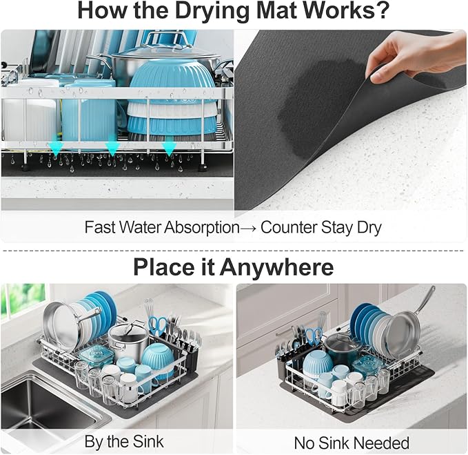 GSlife Large Capacity Expandable Dish Drying Rack with Absorbent Mat, 2-Piece Stainless Steel Dish Drainer Set for Counter with Removable Over Sink Rack, Family Size 16.5"-21.5" L x 15" W, Silver